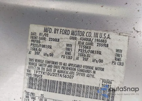 2002 Ford Ranger Edge/Xl/Xlt из США, поврежденный, VIN 1FTYR10U32TA56307